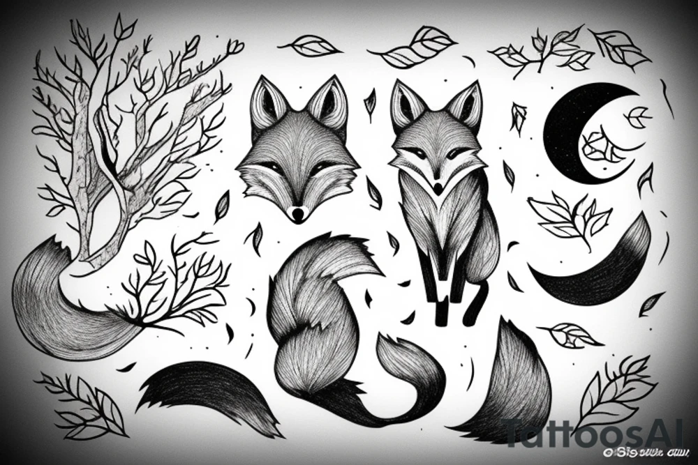 Fox with Moon and forest tattoo idea