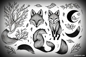 Fox with Moon and forest tattoo idea