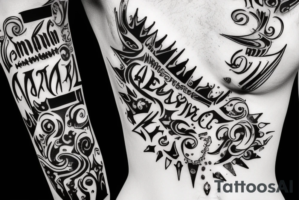 AMOR, in dark metal band spikey letters belly tattoo tattoo idea