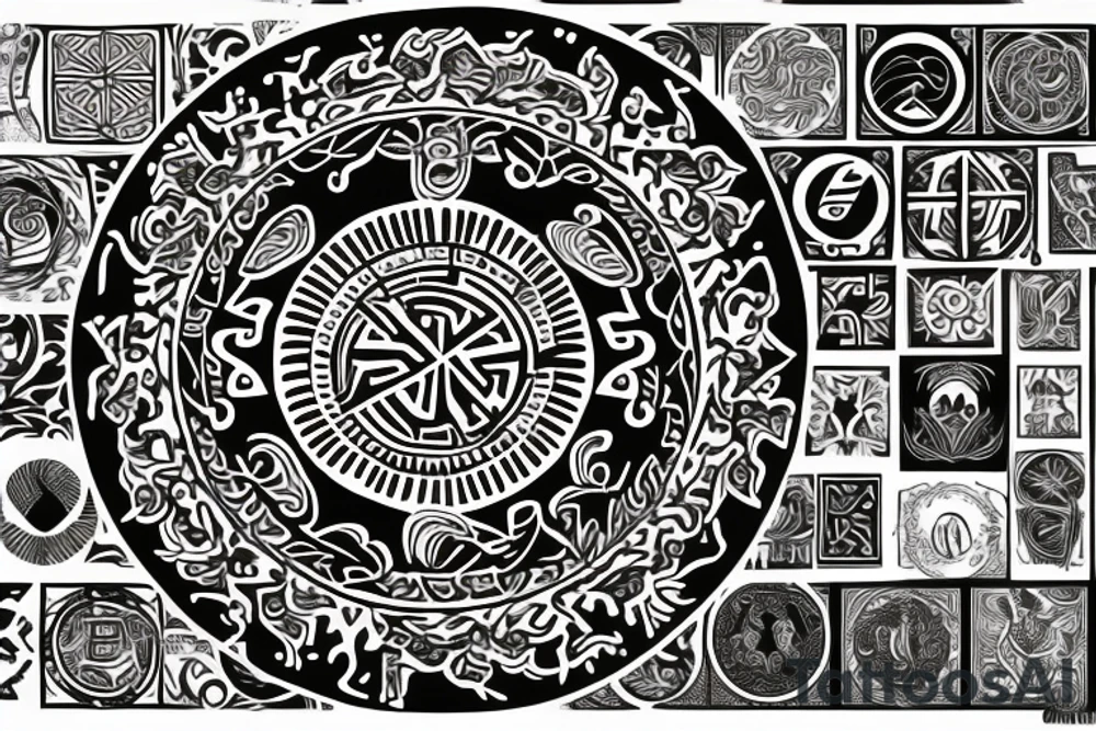 kolovrat in  a circle surrounded by slavic patterns tattoo idea