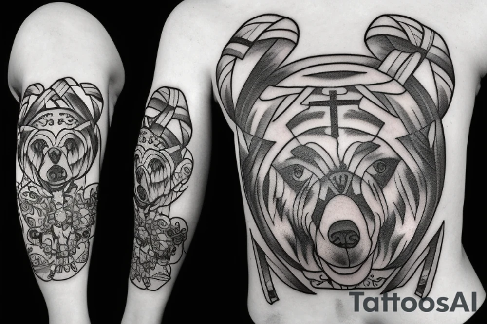 cross with a ribbon through it with a bear tattoo idea