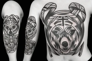 cross with a ribbon through it with a bear tattoo idea