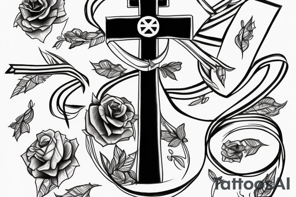 cross with a ribbon through it with bear at bottom poking head around it tattoo idea