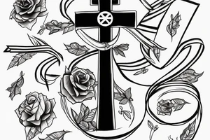 cross with a ribbon through it with bear at bottom poking head around it tattoo idea
