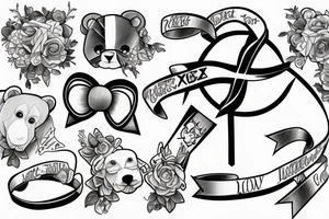 cross with a ribbon through it with bear at bottom poking head around it tattoo idea
