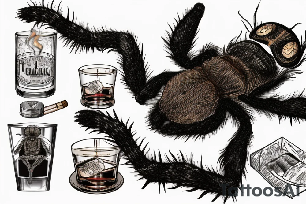 Neotraditional tarantula smoking a cigar with a glass of whiskey tattoo idea