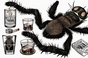 Neotraditional tarantula smoking a cigar with a glass of whiskey tattoo idea