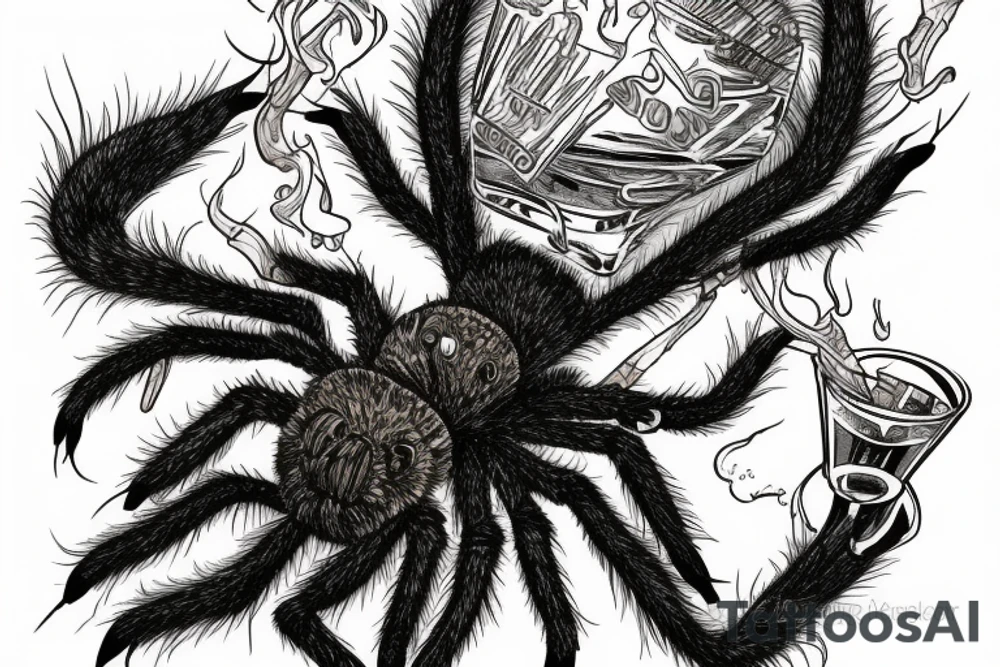 Neotraditional tarantula smoking a cigar with a glass of whiskey tattoo idea