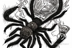 Neotraditional tarantula smoking a cigar with a glass of whiskey tattoo idea