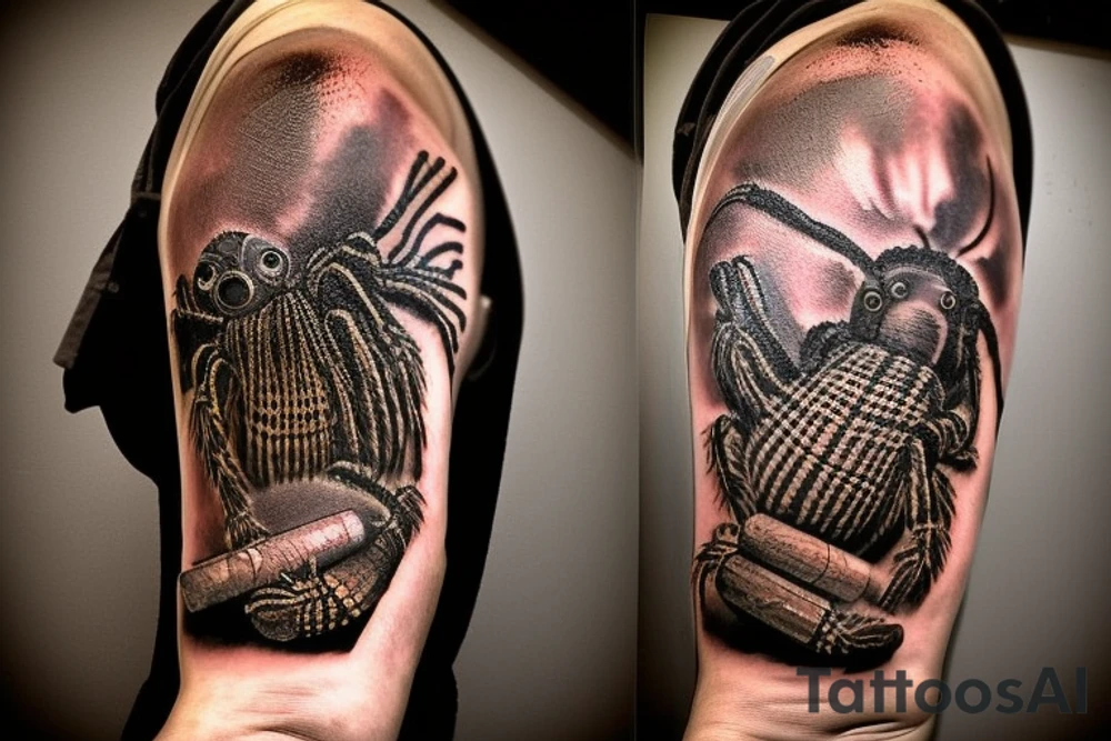 Neotraditional tarantula smoking a cigar with a glass of whiskey tattoo idea