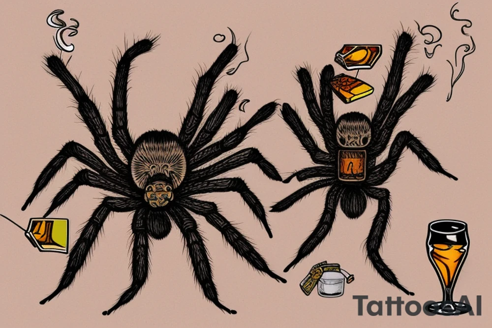 Neotraditional tarantula smoking a cigar with a glass of whiskey tattoo idea