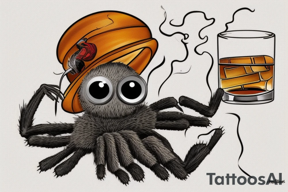 Neotraditional tarantula smoking a cigar with a glass of whiskey tattoo idea