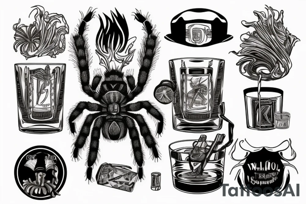 Neotraditional tarantula smoking a cigar with a glass of whiskey tattoo idea