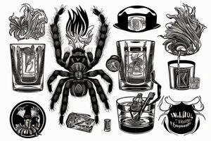 Neotraditional tarantula smoking a cigar with a glass of whiskey tattoo idea