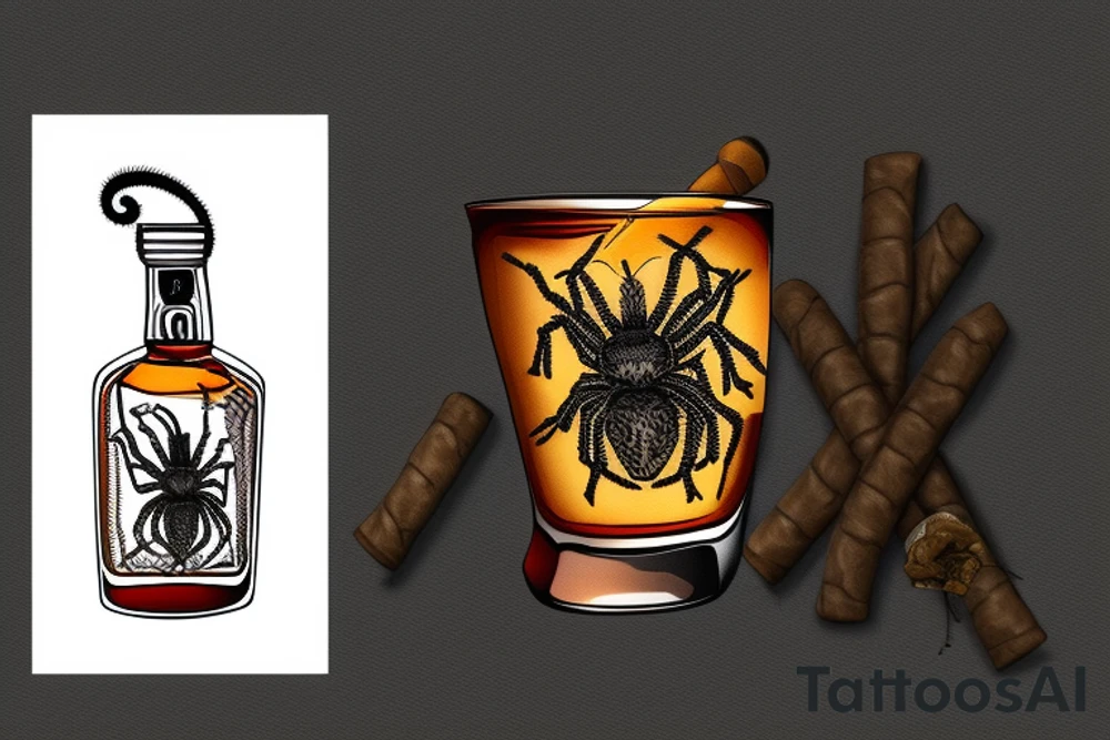 Neotraditional tarantula smoking a cigar with a glass of whiskey tattoo idea