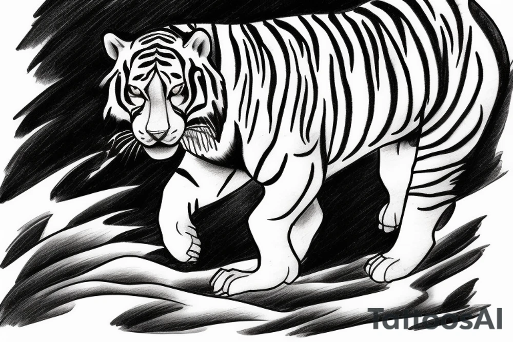 Realistic White Tiger walking down a mountain in the moonlight with elements of Chinese art styles tattoo idea
