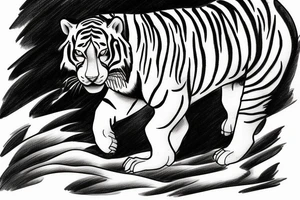 Realistic White Tiger walking down a mountain in the moonlight with elements of Chinese art styles tattoo idea