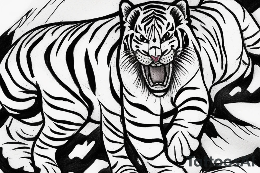 Realistic White Tiger walking down a mountain in the moonlight with elements of Chinese art styles tattoo idea