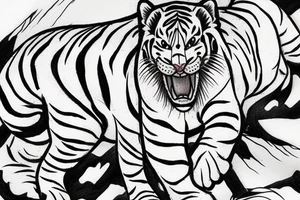 Realistic White Tiger walking down a mountain in the moonlight with elements of Chinese art styles tattoo idea
