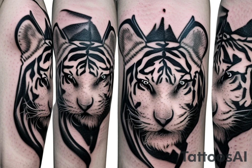 Realistic White Tiger walking down a mountain in the moonlight with elements of Chinese art styles tattoo idea
