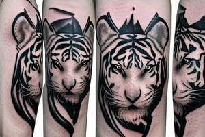 Realistic White Tiger walking down a mountain in the moonlight with elements of Chinese art styles tattoo idea