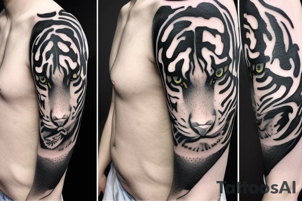 Realistic White Tiger walking down a mountain in the moonlight with elements of Chinese art styles tattoo idea