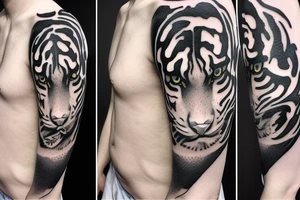 Realistic White Tiger walking down a mountain in the moonlight with elements of Chinese art styles tattoo idea