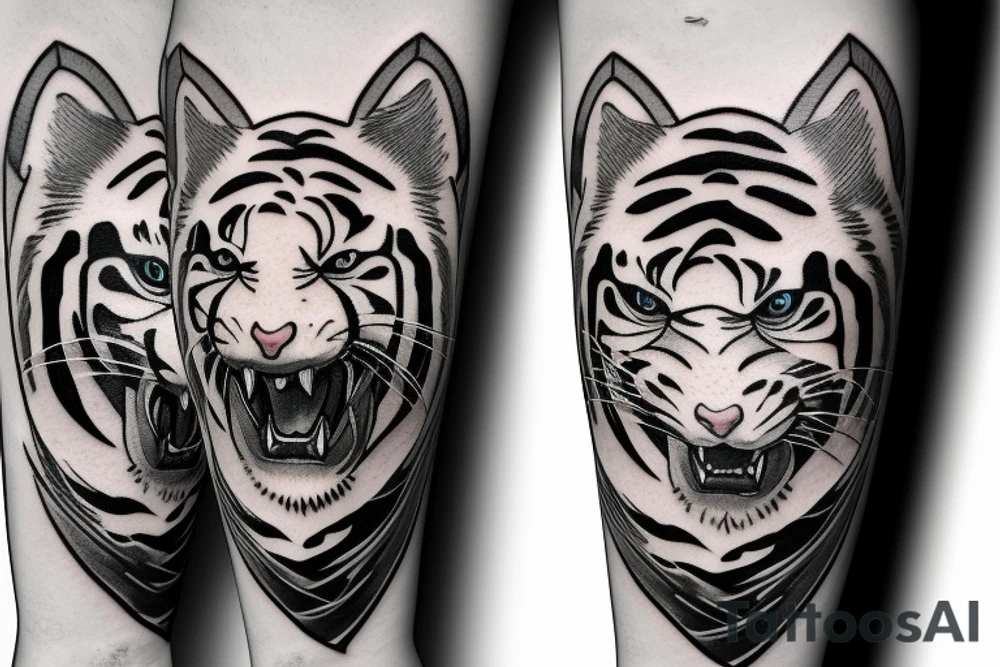 Realistic White Tiger walking down a mountain in the moonlight with elements of Chinese art styles tattoo idea
