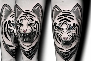 Realistic White Tiger walking down a mountain in the moonlight with elements of Chinese art styles tattoo idea