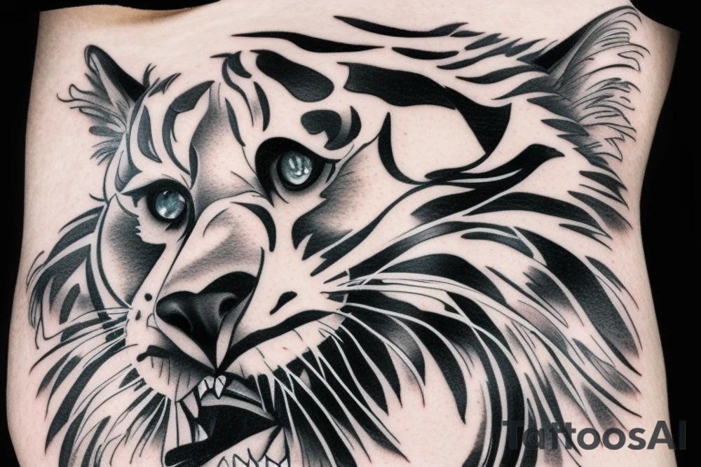 Realistic White Tiger walking down a mountain in the moonlight with elements of Chinese art styles tattoo idea