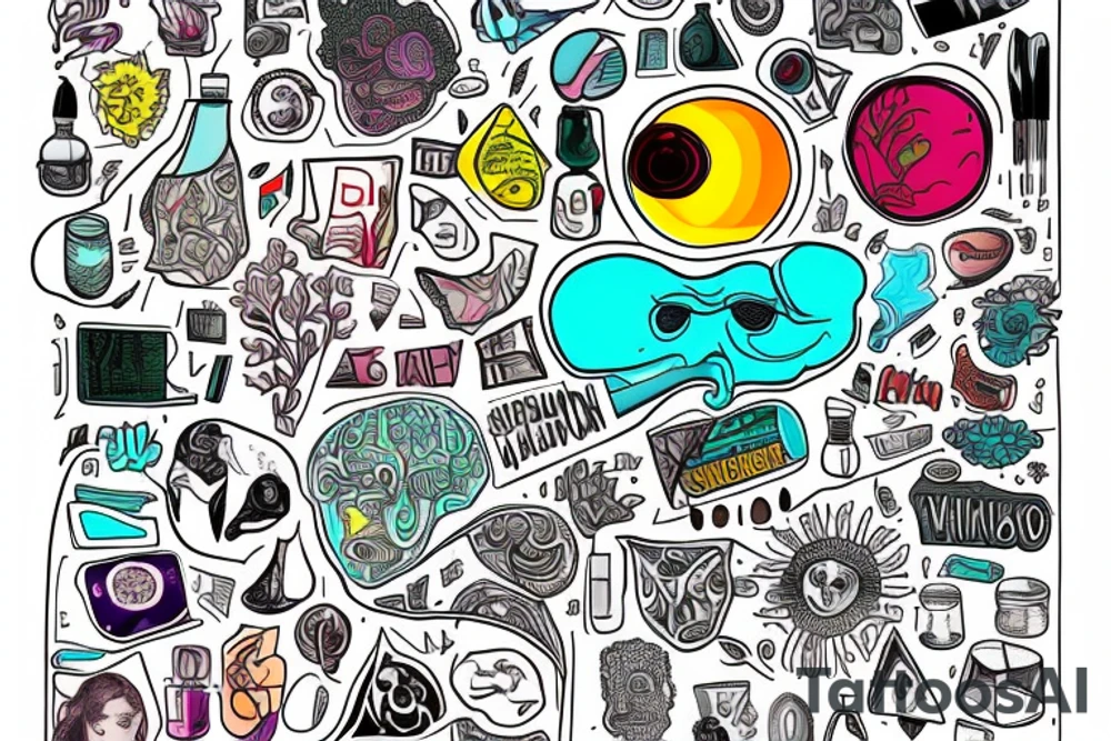 ADHD, chemical compound of dopamine, Alcoholism, Loneliness, Culinary Arts, Labrinth Brain. Sunset. HIGH IQ. Include a splash of turquoise. tattoo idea
