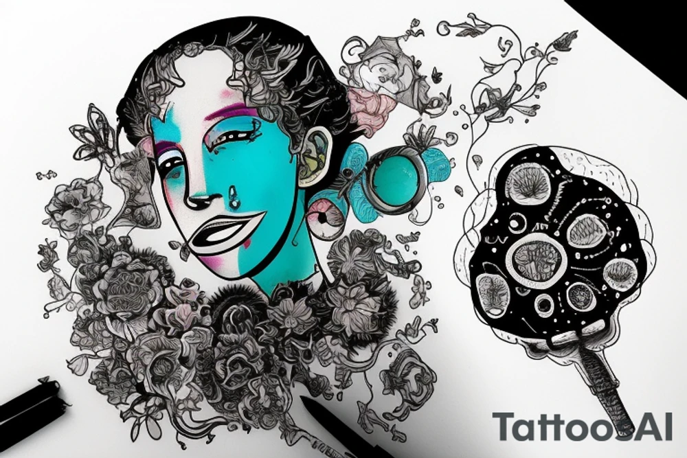 ADHD, chemical compound of dopamine, Alcoholism, Loneliness, Culinary Arts, Labrinth Brain. Sunset. HIGH IQ. Include a splash of turquoise. combined into one piece. tattoo idea