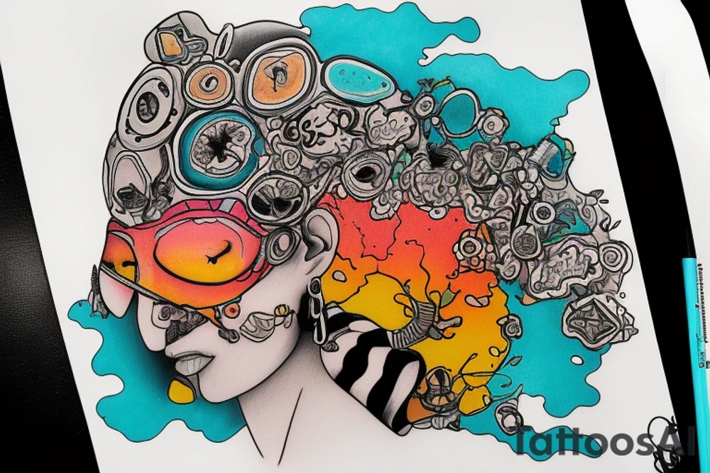 ADHD, chemical compound of dopamine, Alcoholism, Loneliness, Culinary Arts, Labrinth Brain. Sunset. HIGH IQ. Include a splash of turquoise. combined into one piece. tattoo idea