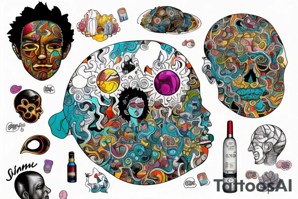 ADHD, chemical compound of dopamine, Alcoholism, Loneliness, Culinary Arts, Labrinth Brain. Sunset. HIGH IQ. Include a splash of turquoise. combined into one piece. tattoo idea