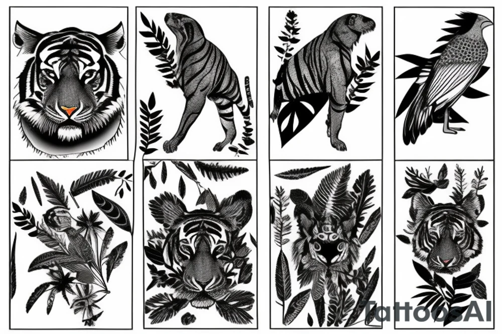 A tiger a crow in a forest with leaves around in Ancient Greece tattoo idea