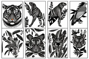 A tiger a crow in a forest with leaves around in Ancient Greece tattoo idea