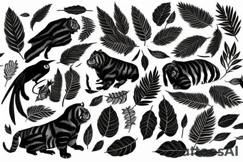 A tiger a crow in a forest with leaves around in Ancient Greece tattoo idea
