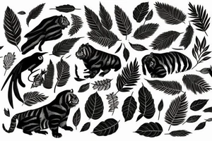 A tiger a crow in a forest with leaves around in Ancient Greece tattoo idea