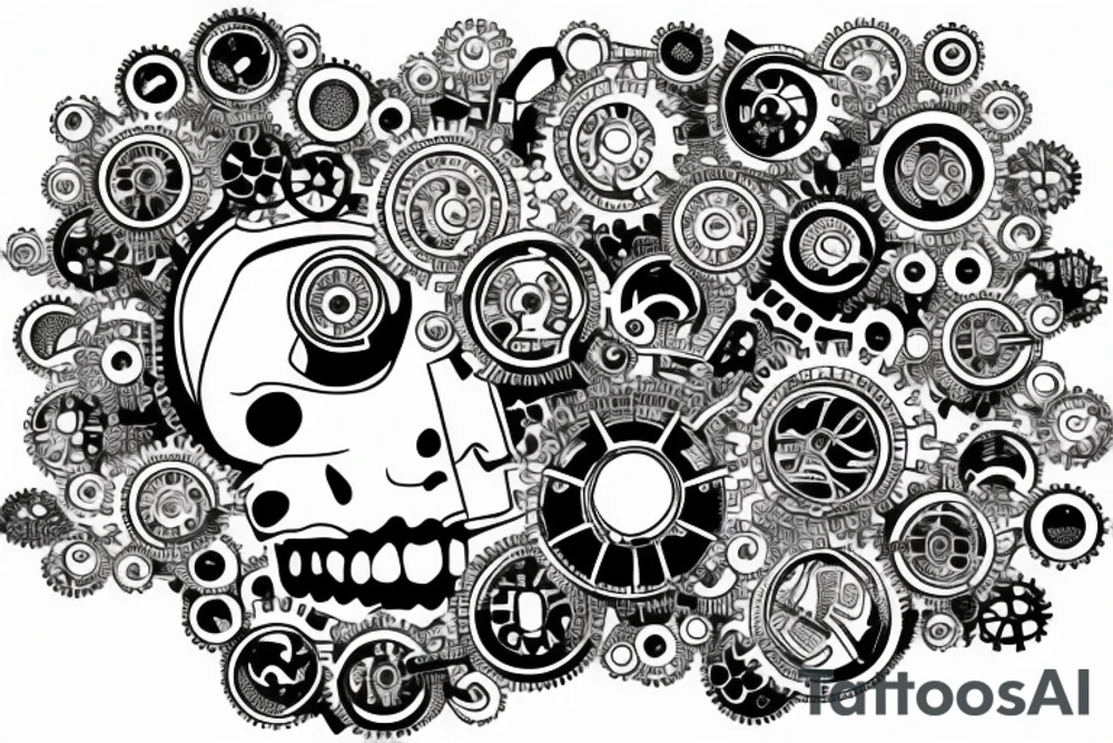 Brain made of circuits linked by a DNA to a heart made of gears and engine tattoo idea