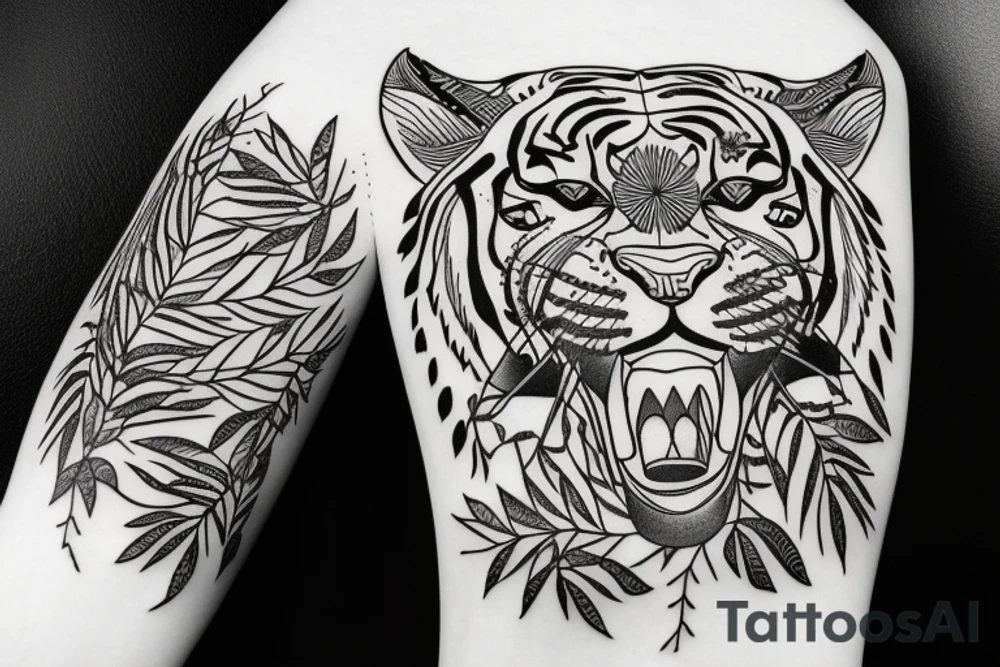 A tiger in a forest with leaves around in Ancient Greece tattoo idea
