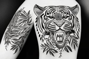A tiger  in a forest with leaves around in Ancient Greece tattoo idea