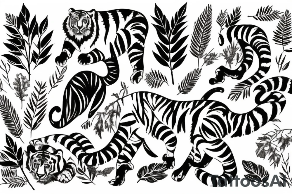 A tiger in a forest with leaves around in Ancient Greece tattoo idea