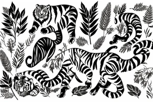 A tiger  in a forest with leaves around in Ancient Greece tattoo idea