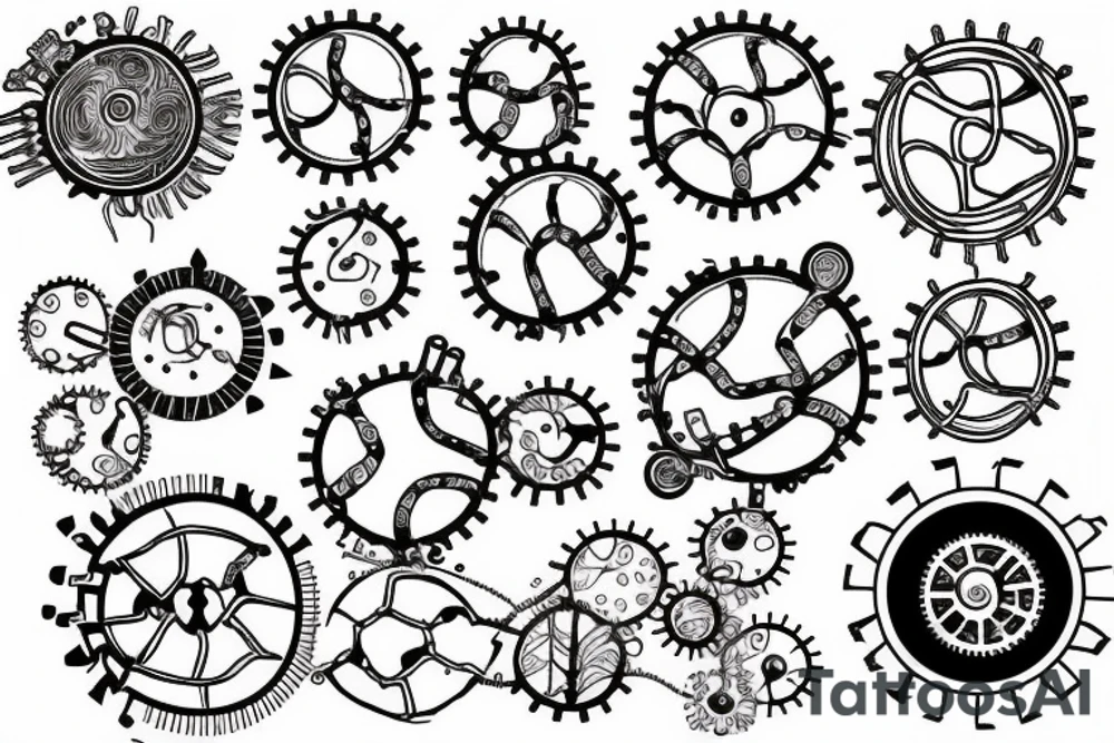 A brain made of circuits linked by a DNA to a heart made of gears tattoo idea