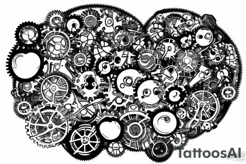 A brain made of circuits linked by a DNA to a heart made of gears tattoo idea