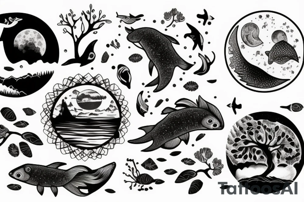 Fish, water, trees, moon, bear tattoo idea