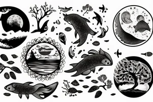 Fish, water, trees, moon, bear tattoo idea