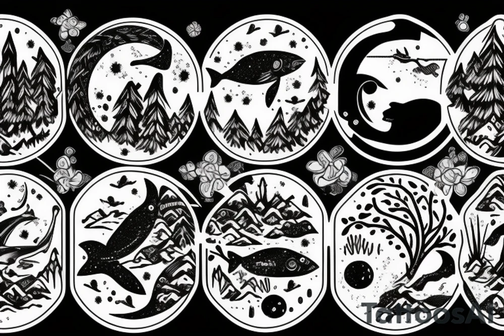 Fish, water, trees, moon, bear tattoo idea