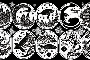 Fish, water, trees, moon, bear tattoo idea