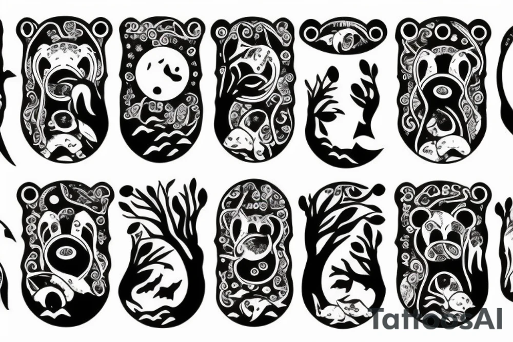 Fish, water, trees, moon, bear tattoo idea